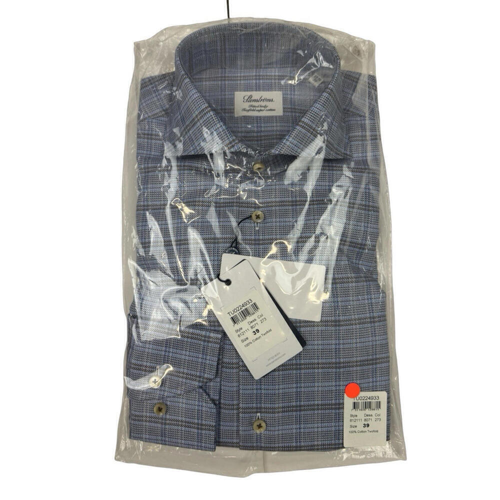 Stenstroms Fitted Body Two Fold Cotton Dress Shirt Blue Check Size 39 15.5